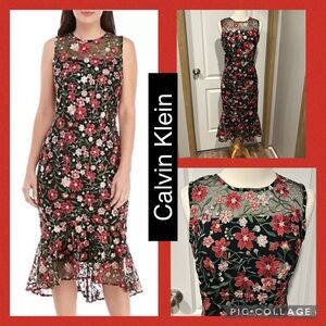 CALVIN KLEIN flowers embroidered lace sheath dress, sz 4